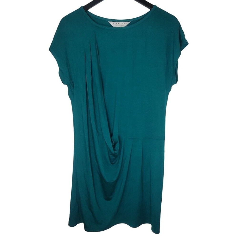 Trina Turk Knit Dress 2 Teal Drape Front Mini Casual Cap Sleeve Stretch